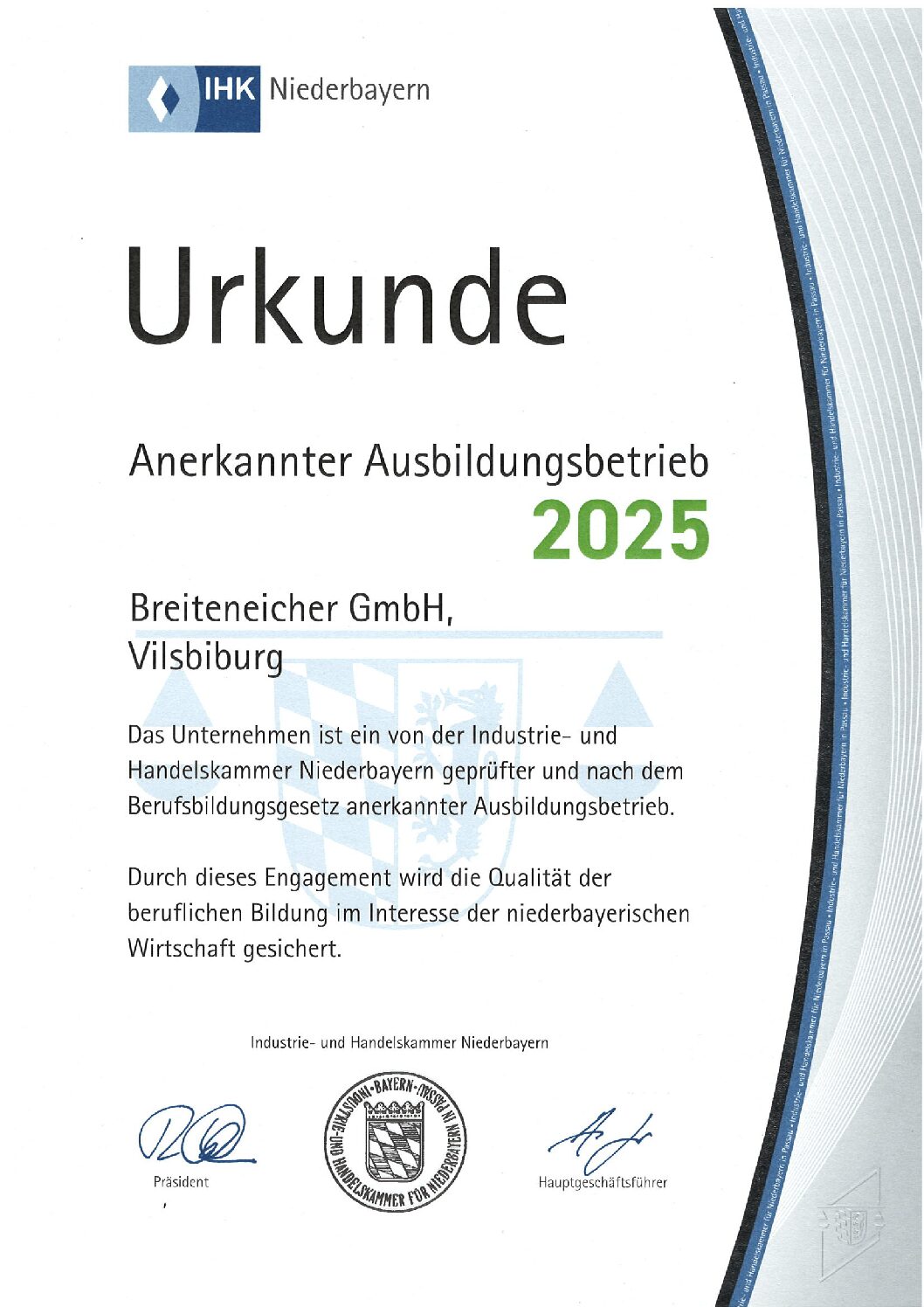 Urkunde Handwerkskammer, Breiteneicher GmbH, Vilsbiburg